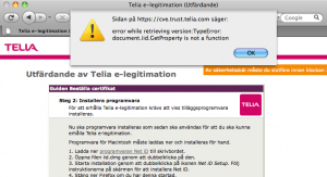 Skärmbild av ett av stegen i guiden för e-leg. Ett felmeddelande säger document.iid.GetProperty is not a function.